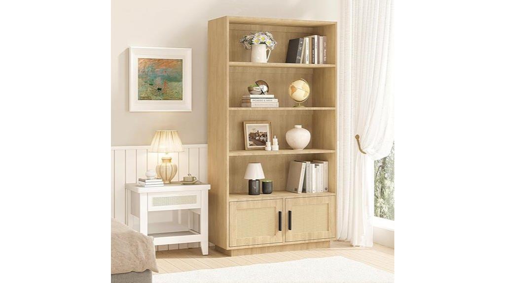 five tier bookshelf with rattan doors